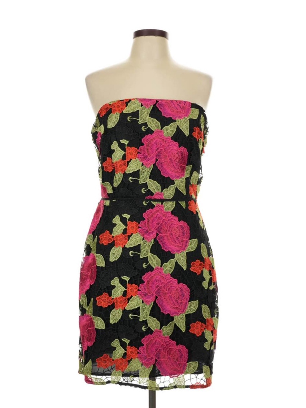 Sam Edelman Strapless Black Lace Mini with Pink & Orange Floral Embroidery